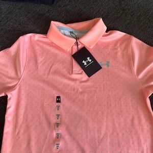 Boys medium Under Armour polo. Light orange/peach with grey polka dots